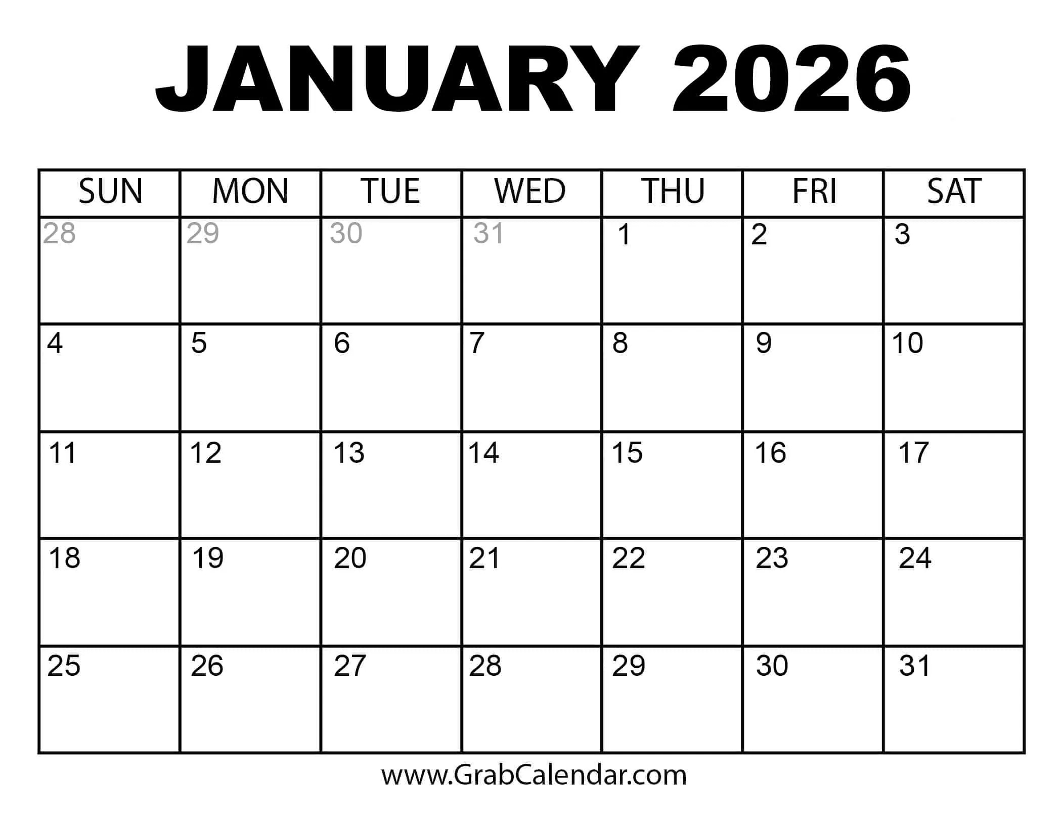 Printable January 2026 Calendar for 2026 January Calendar Printable