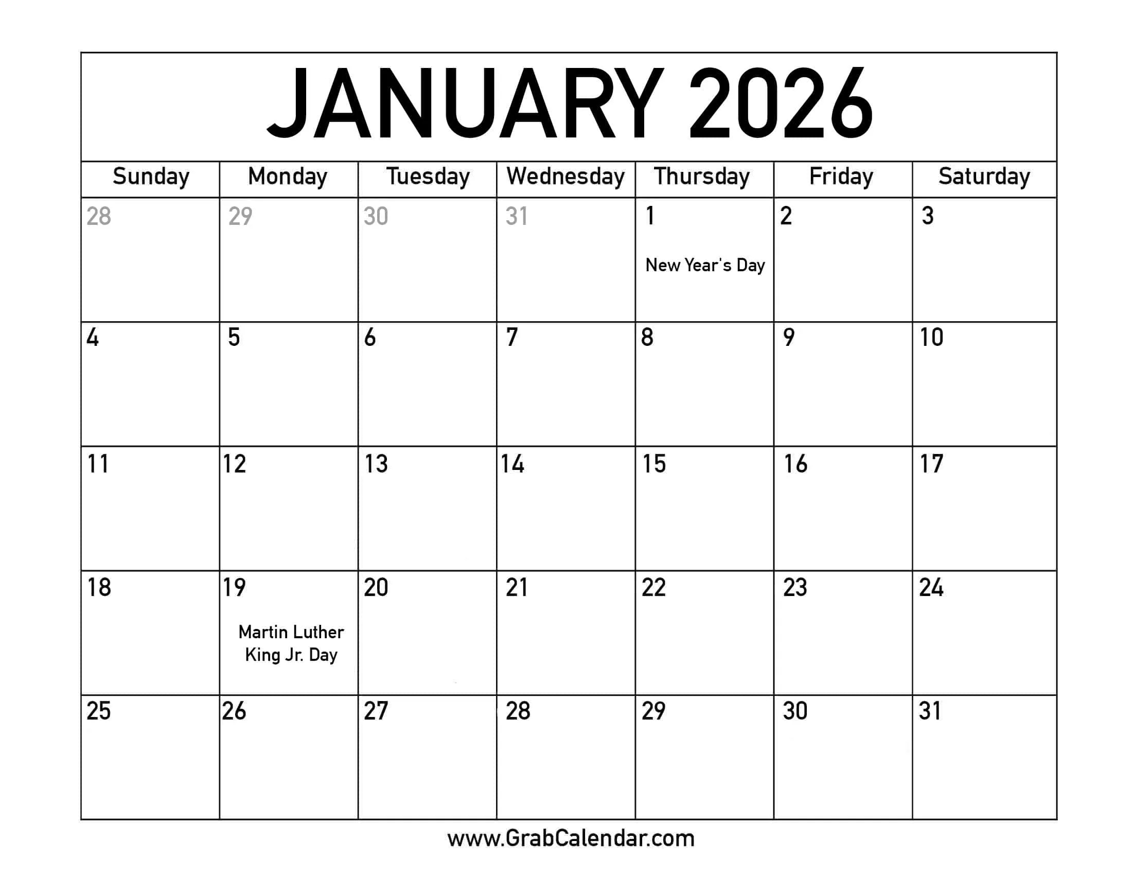 Printable January 2026 Calendar in Calendar For January 2026 with Holidays