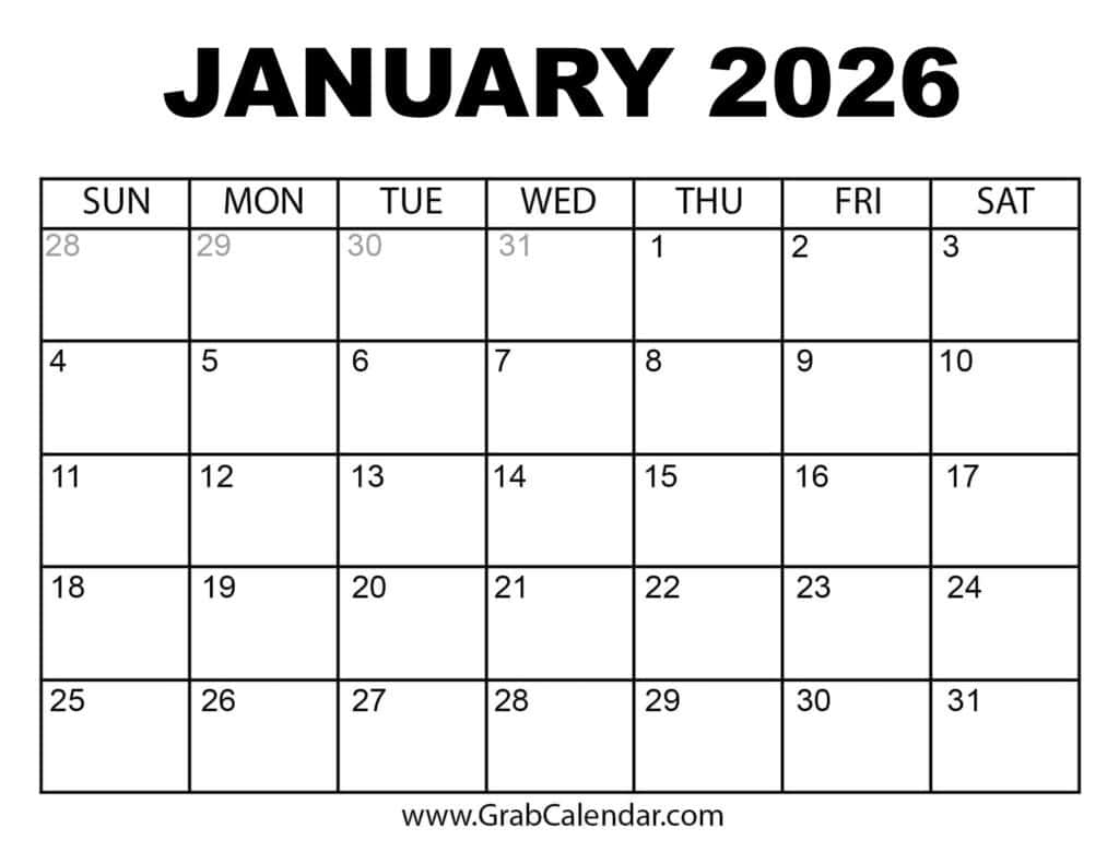 Printable January 2026 Calendar pertaining to Printable January 2026 and February Calendar