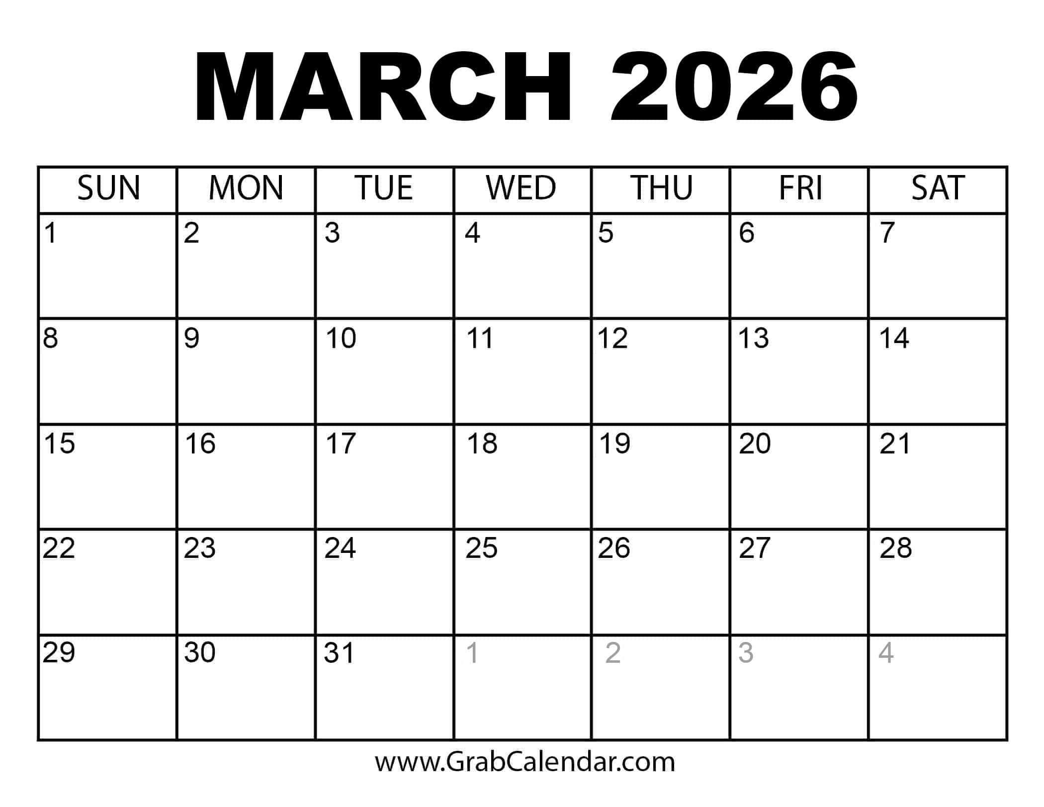 Printable March 2026 Calendar throughout January February March 2026 Calendar Printable