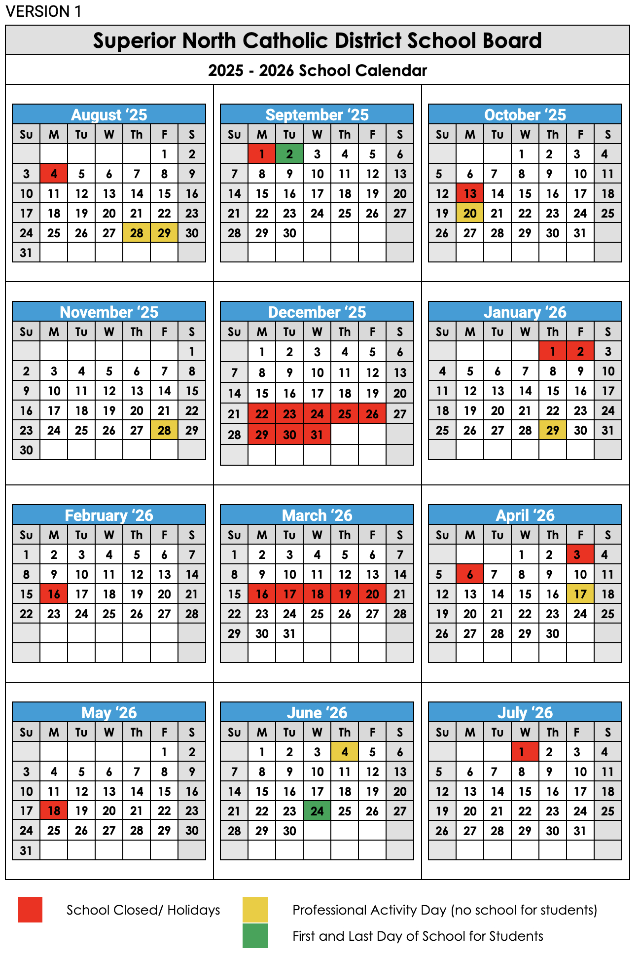 Proposed 2025-2026 School Year Calendar - Superior North Catholic inside Catholic School Board Calendar 2026