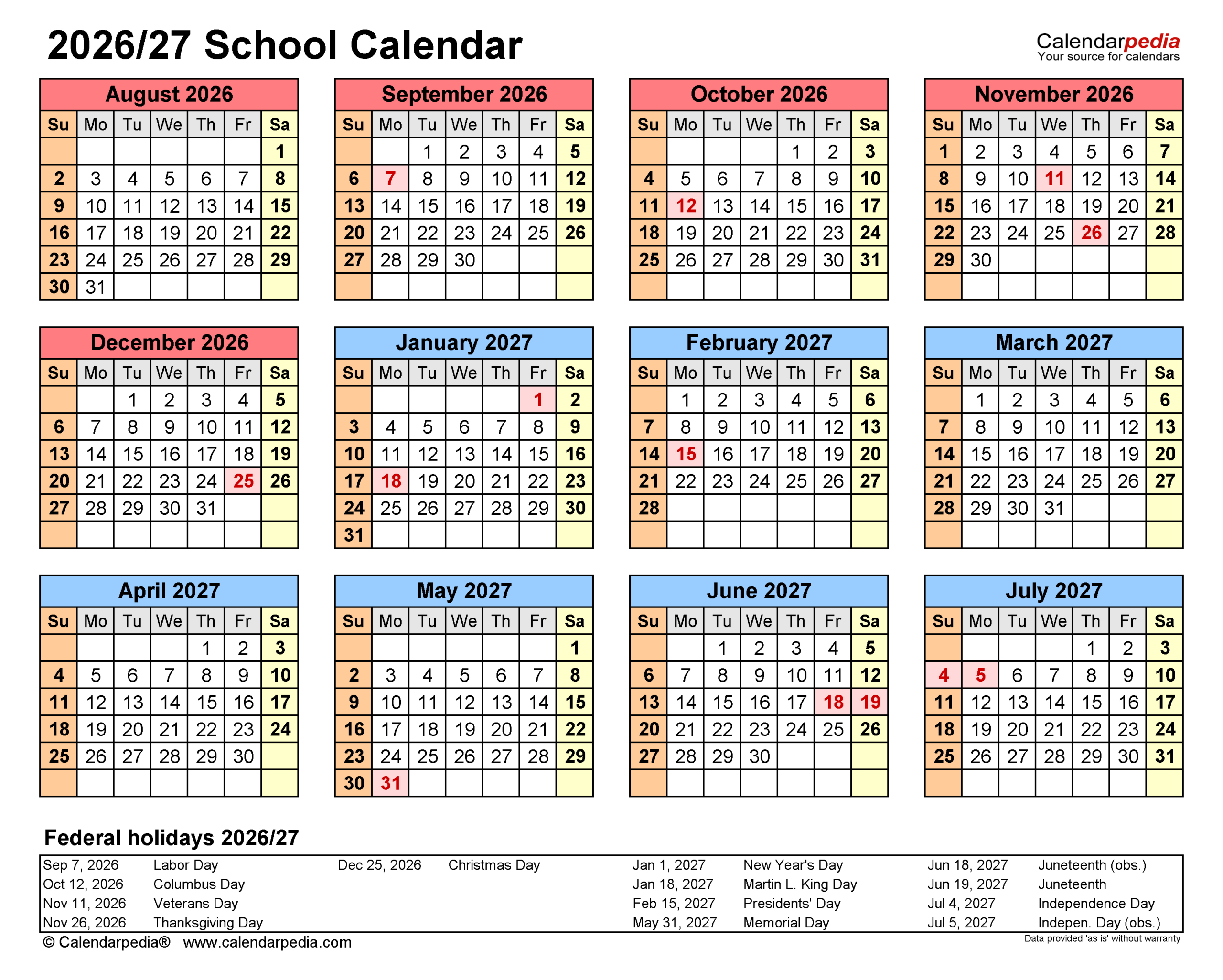 School Calendars 2026/2027 - Free Printable Pdf Templates within Hhh School Calendar 2026 - 2027