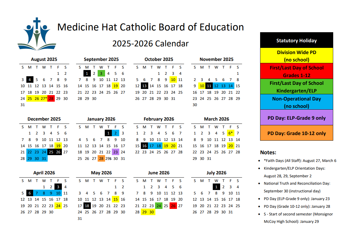 School Year Calendar 2025-2026 | Medicine Hat Catholic Board Of pertaining to Catholic Education School Calendar 2026