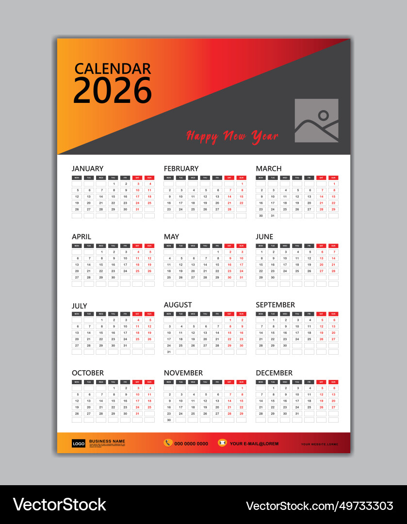 Wall Calendar 2026 Template Week Starts On Monday – Lizenzfreie regarding Calendar 2026 And 2026
