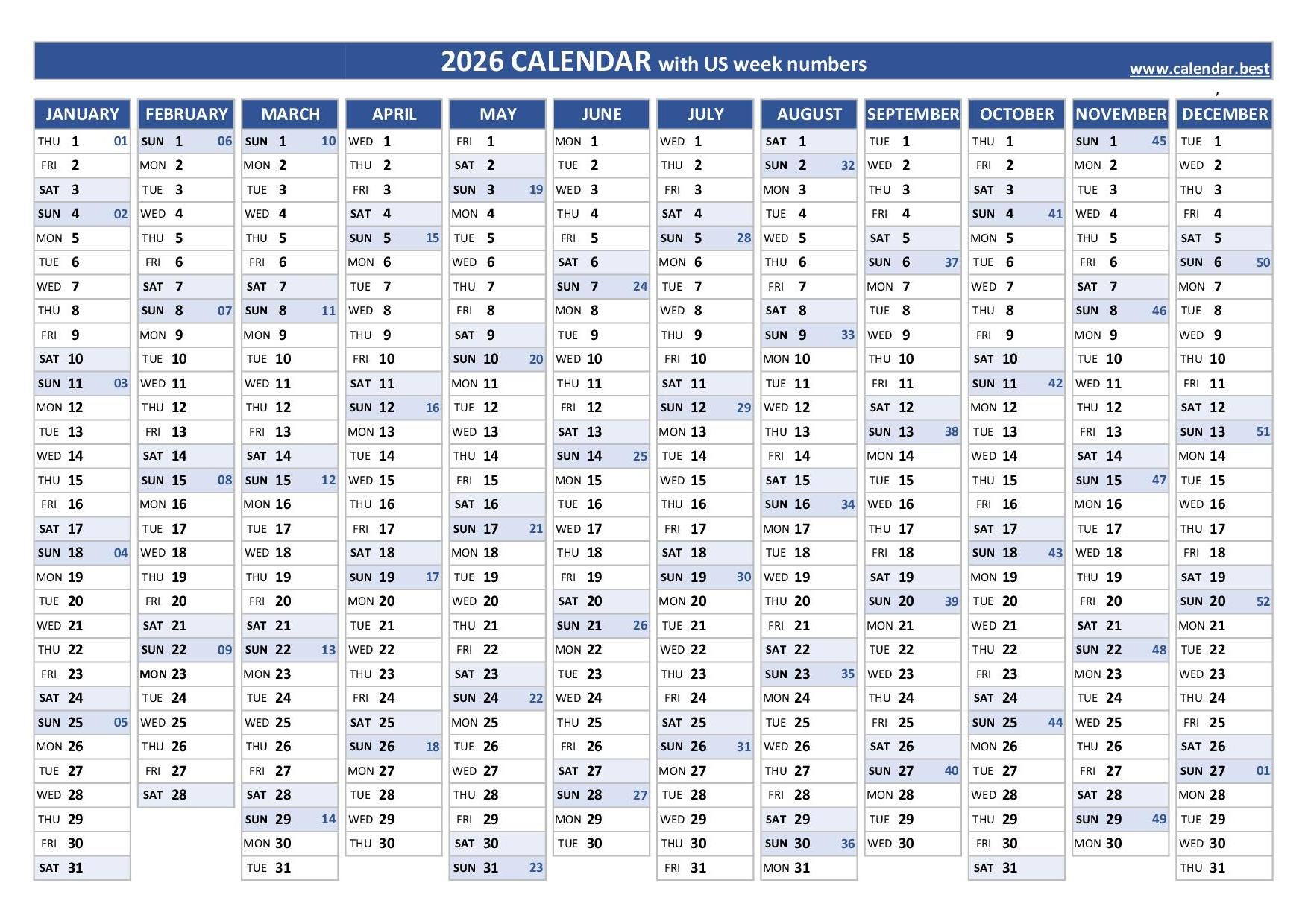 Week Numbers For 2026 : List And Calendar -Calendar.best regarding Number of Weekends in 2026